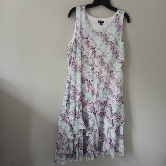 Nina Leonard Size 12 Sleeveless Midi Layered Ruffle Hem Dress Floral Blue Pink - Picture 11 of 16